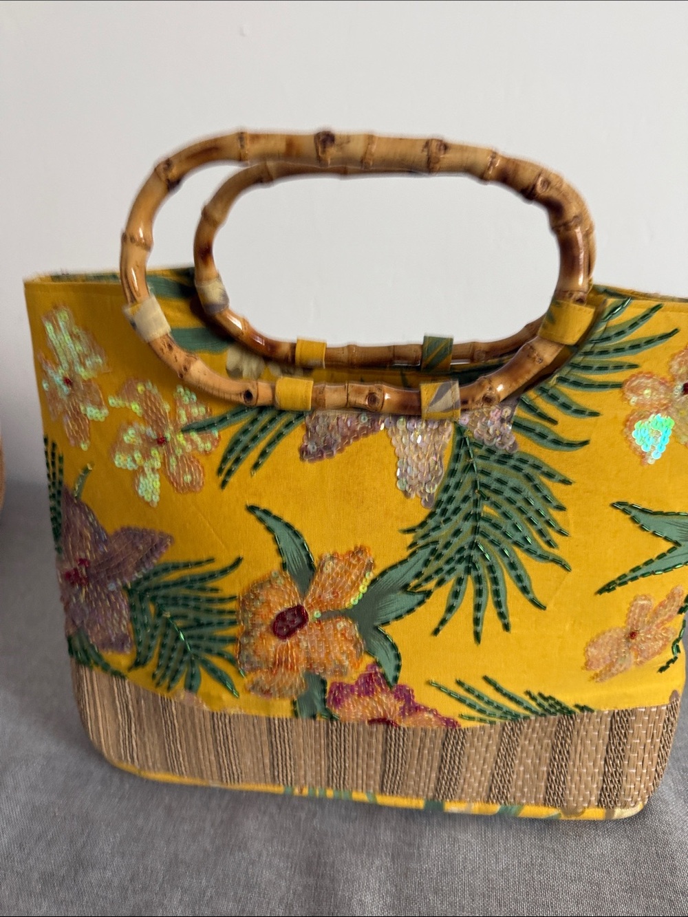 Yellow vintage Floral Bamboo-Handle Tote Bag